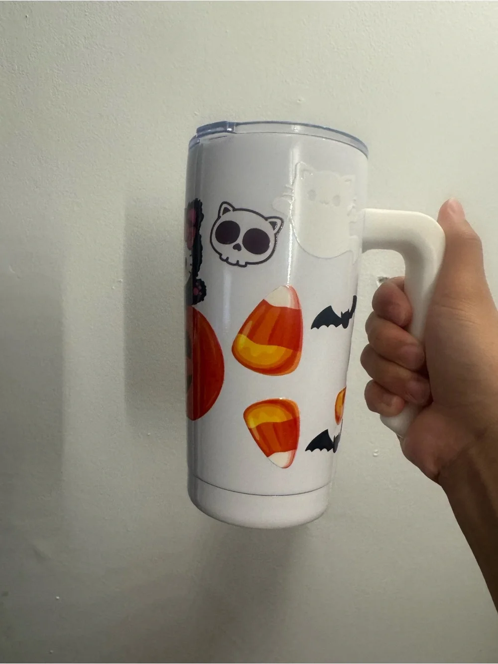 White Halloween Cat & Pumpkin Insulated Travel Tumbler